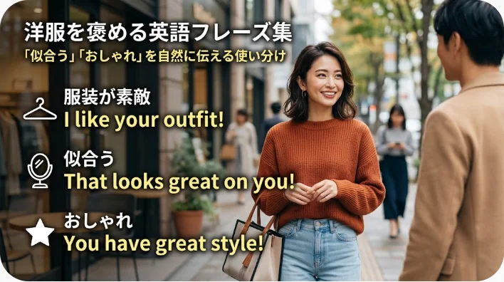 街中で、茶色のセーターを着た女性が、男性と話をしながら微笑んでいる。服装を褒める英語のフレーズが、日本語と英語の両方で表示されている。.