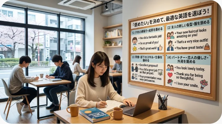 ジャケットやワンピース、靴、スカーフ、眼鏡、色見本が並んだ洋服の学習用イメージ