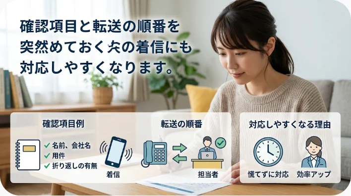 固定電話で英語の着信に対応しながら発信者情報をメモする日本人のオフィス勤務者