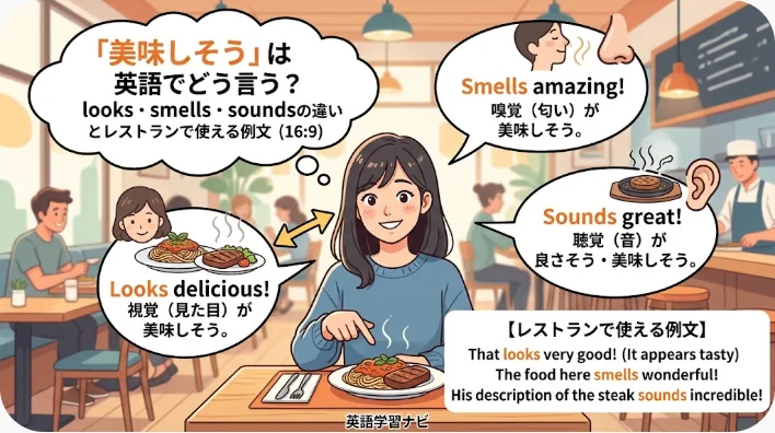 レストランで女性がステーキを味わっている様子が描かれており、その周囲の吹き出しには、「おいしそう」「いい匂いがする」「素敵だね」という表現を英語と日本語でどう言うかが説明されている。.