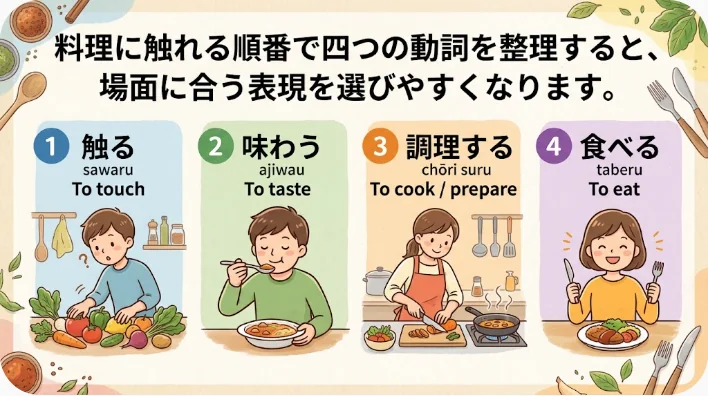 料理を見て香りを感じ説明を聞き実際に味わう四つの段階