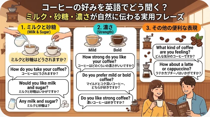 コーヒーへの好み（ミルク、砂糖、濃さなど）を尋ねる方法や、コーヒーを注文する際に役立つ英語のフレーズを紹介した、日本語と英語のインフォグラフィックです。.