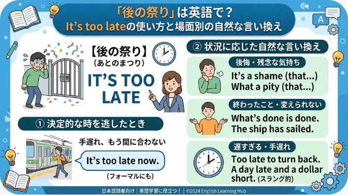 「後の祭り」という日本語の表現と、「手遅れだ」を意味する英語の対応語を解説したインフォグラフィック。イラストや、英語・日本語の例文が掲載されています。.