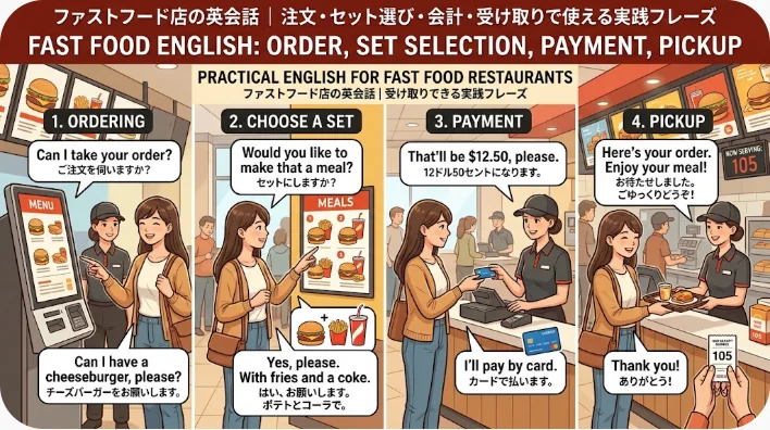 ファストフード店での注文手順を示すイラスト：カウンターでの注文、メニューの選択、支払い、受け取りの各段階において、スタッフと客がやり取りしている様子が描かれている。.