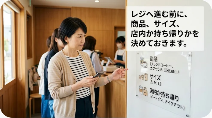 ファストフード店のカウンターでメニューを確認しながら注文を準備する英語学習者