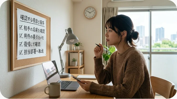 電話機と確認用のメモを使って英語の受電手順を練習する会社員