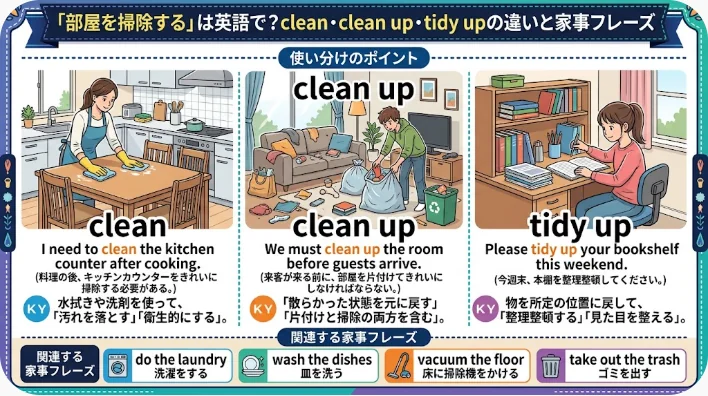 「clean」「clean up」「tidy up」の違いを説明するイラスト。3人がそれぞれの家事をこなしている様子と、日本語・英語の説明文が添えられています。.