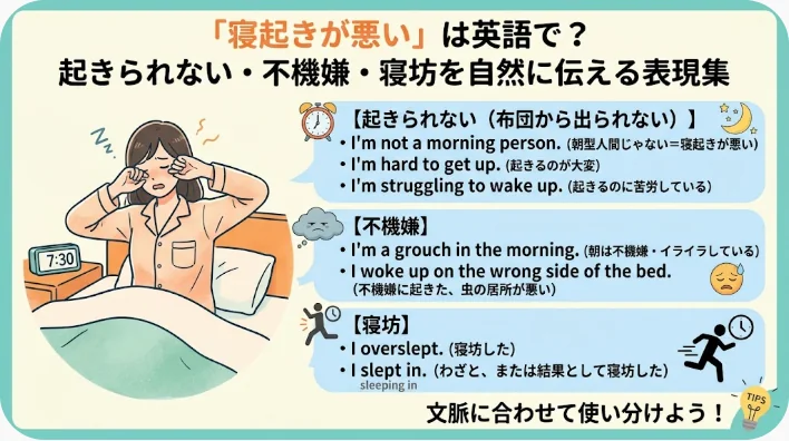 ある女性が、疲れた様子でベッドの上で上半身を起こし、片手を頭に当てています。テキストとイラストを通じて、朝起きるのがつらいという状況に関する英語の表現が解説されています。.