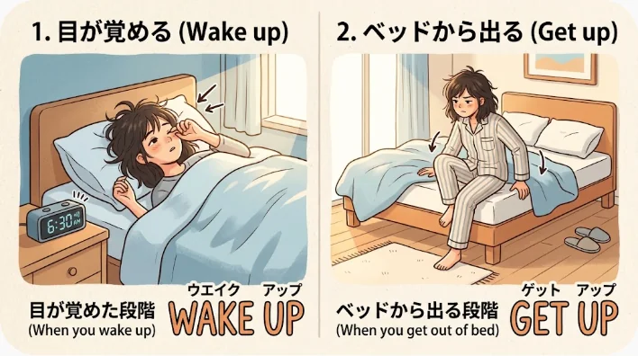 目は覚めているがまだベッドから起き上がっていない英語学習者