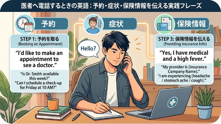 ある男性が、電話、ノート、ノートパソコンが置かれた机の前に座り、病院の予約や症状の説明、保険情報の提供などに関する英語のフレーズを練習している。.