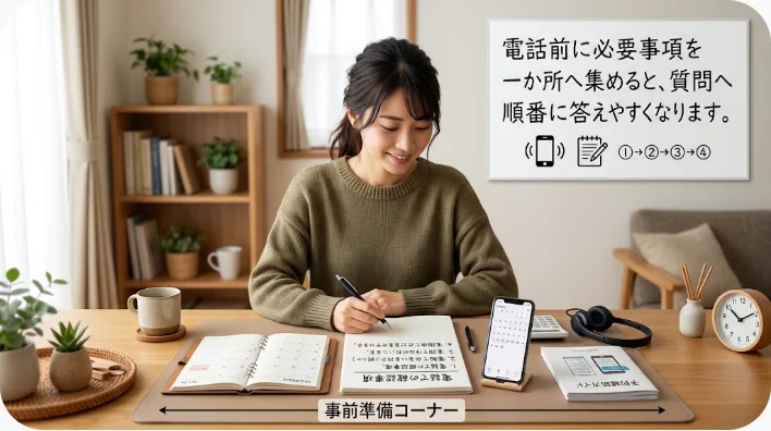 医療機関への英語電話に備えて体温計や保険情報、症状メモを机に用意した様子