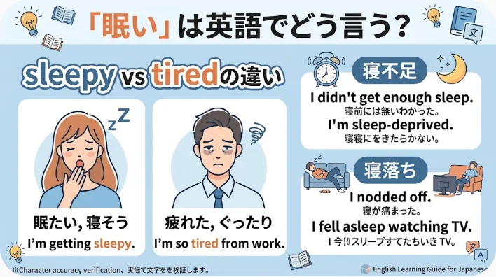 このインフォグラフィックでは、「sleepy」と「tired」を比較し、それぞれの定義を説明するとともに、「sleep-deprived」や「nodded off」を表す英語の表現を紹介しています。また、女性と男性のイラストも掲載されています。.