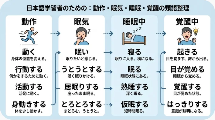 ベッドと目覚まし時計と英語ノートで睡眠に関する状態を表した画像