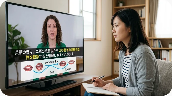 鏡を見ながら英語の口の動きとつながった発音を練習する日本人学習者
