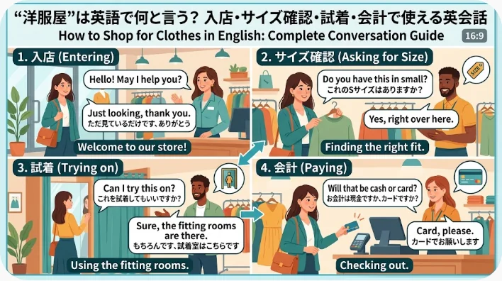 4枚のイラスト入りパネルには、衣料品店での買い物（入店、サイズの確認、試着、支払い）に関する、段階的な英語会話ガイドが掲載されています。.