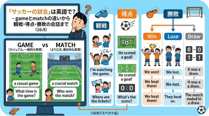このインフォグラフィックでは、サッカーの試合に関連する英語の用語について解説しています。観戦、チケット、スコア、勝利、敗北、引き分けなどについて話す方法も含まれています。.