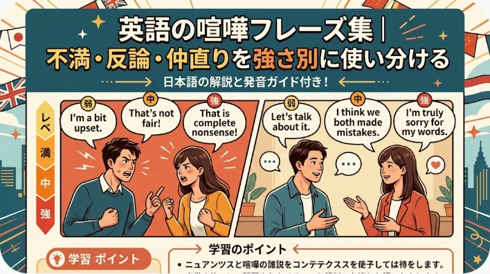 「ちょっと気分が落ち込んでいる」や「それについて話そう」といったフレーズを使って英語で会話する2組のペアを描いたイラスト。日本語訳と学習のヒントも併記されています。.