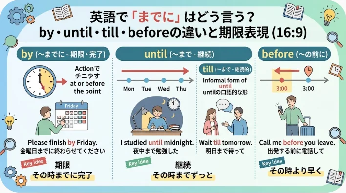 英語の「by」、「until」、「before」の違いを解説したインフォグラフィック。各時間表現について、例文、日本語訳、および視覚的なアイコンが掲載されています。.