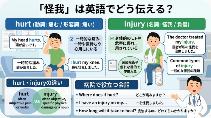 このインフォグラフィックでは、英語の「hurt」と「injury」を比較し、それぞれの意味や用法、例文を紹介するとともに、痛みを感じている人や病院を受診している人のイラストを掲載しています。.