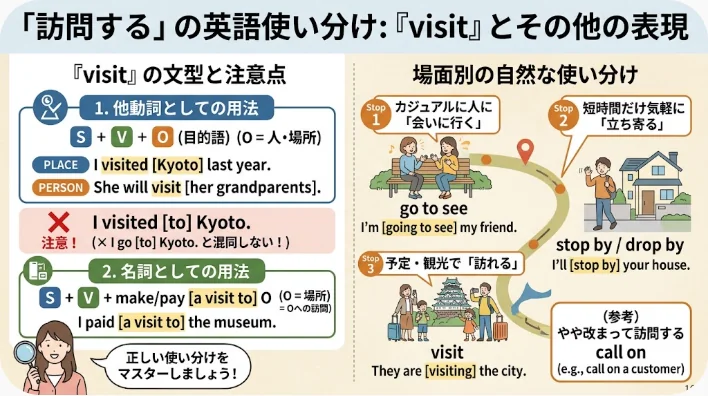 「visit」の英語での使い方を解説したインフォグラフィック。例文や文法ポイントに加え、さまざまな訪問シーンに応じた日本語と英語の代替表現も掲載しています。.