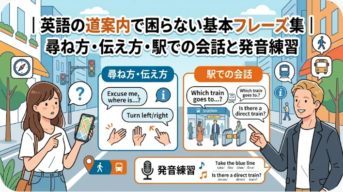 旅行時の英語の練習をテーマに、英語で道順や電車の情報を尋ねる人々の様子を描いたイラスト。例文やアイコン、日本語の説明文が添えられている。.