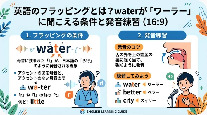 英語のフラッピングを解説したインフォグラフィック。「water」や「little」などの発音のコツや例を示し、発音の練習をする男性と女性のイラストが掲載されている。.