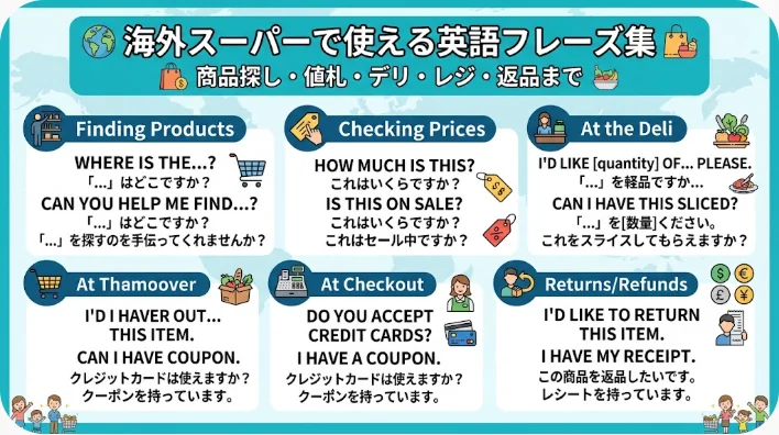 ある日本のインフォグラフィックでは、海外のスーパーマーケットで使える英語のフレーズが、商品探し、価格確認、デリ、テイクアウト、レジ、返品という各コーナーごとに分類されて紹介されています。各コーナーにはアイコンが添えられています。.