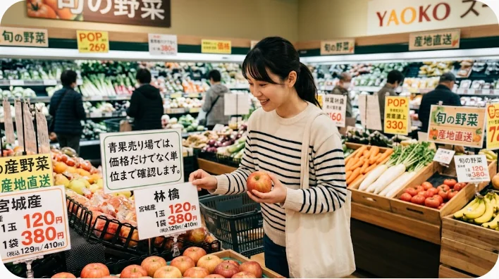 北米のスーパーの青果売り場でポンド単価と一個単価の値札を確認する英語学習者