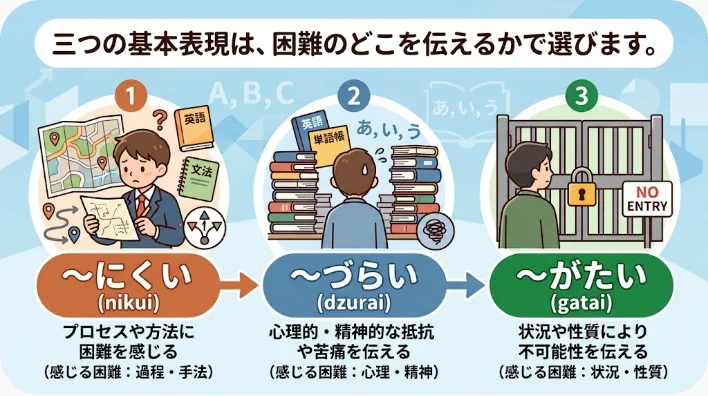 英語で困難を表す三つの表現を学習者が比較している様子