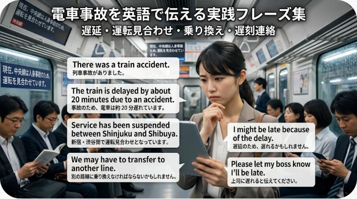 東京の電車に乗る通勤客たち。多くの人がスマートフォンを操作しており、画面には列車事故による遅延や運休に関する英語と日本語のメッセージが表示されている。.