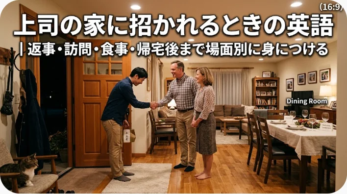 温かみのある照明が灯るリビングルームで、3人が握手で挨拶を交わしている。そのそばには猫が座っており、画像には日本語と英語のテキストが重ねて表示されている。.