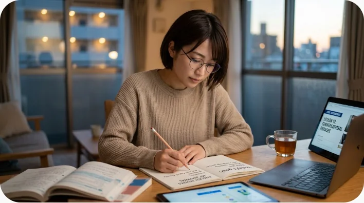 机で句動詞の違いを学習している大人の英語学習者