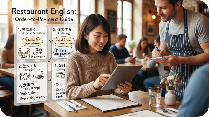 レストランで、女性がタブレットを使って料理を注文している横で、ウェイターが待機している。ガイドには、食事の際の英語フレーズが掲載されている。.