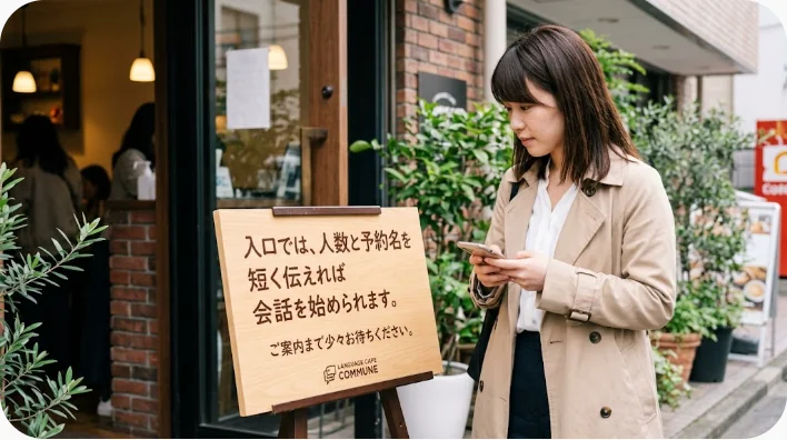 海外のレストラン入口で旅行者が受付担当者に人数を伝えている様子