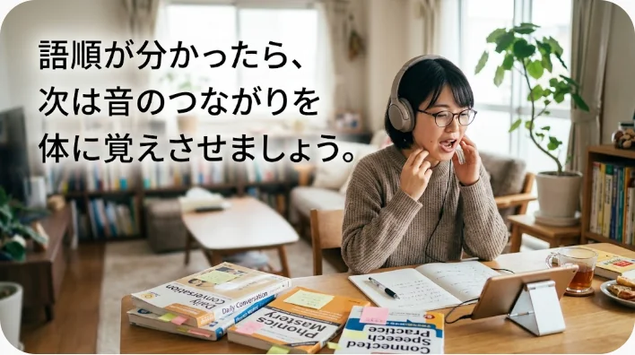 日本人の成人英語学習者が舌の先を意識して英語フレーズの発音を練習している様子
