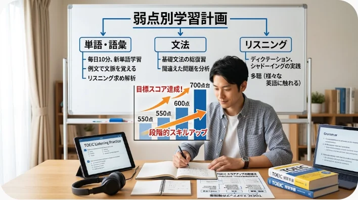 ある男性が、ノートパソコン、タブレット、ノート、本が置かれた机に向かって英語を勉強している。彼の背後には、語彙、文法、リスニングの学習計画が書かれたホワイトボードがある。.