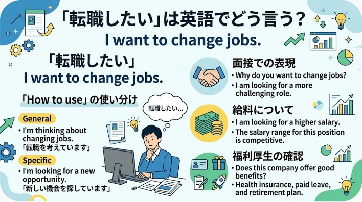 このインフォグラフィックでは、「転職したい」という表現を英語でどう伝えるかを解説しています。面接での言い回し、転職の理由、一般的な場面や具体的な状況での使い方の例文に加え、説明用のアイコンやグラフィックも掲載されています。.
