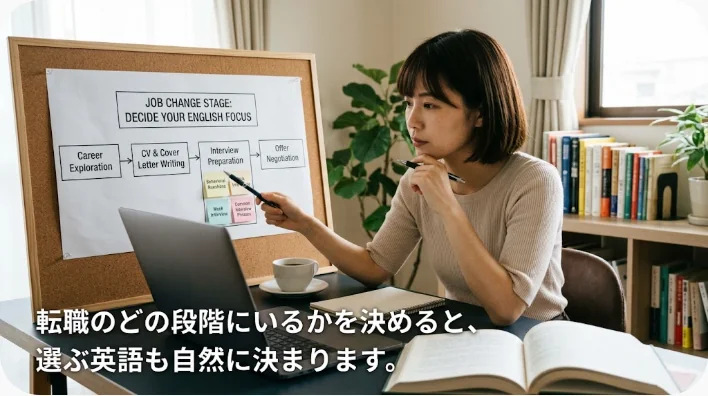 転職の検討、求人探し、内定、勤務開始の各段階を英語学習カードとともに表した机上の写真