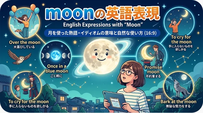 「moon」を含む英語の慣用句を、それぞれイラスト付きでまとめたカラフルなインフォグラフィック。「over the moon」や「once in a blue moon」などが掲載されており、中央には少女と漫画風の月が描かれている。.