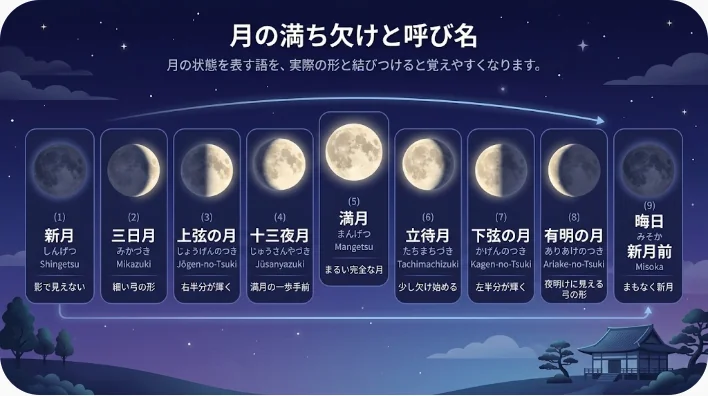 夜空に並ぶ月の満ち欠けをノートに記録する英語学習者