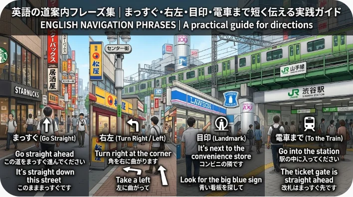 賑やかな日本の街並みを描いたイラスト。道案内やランドマーク、電車に関する英語と日本語の表現が添えられ、背景にはお店や看板、鉄道橋が描かれている。.