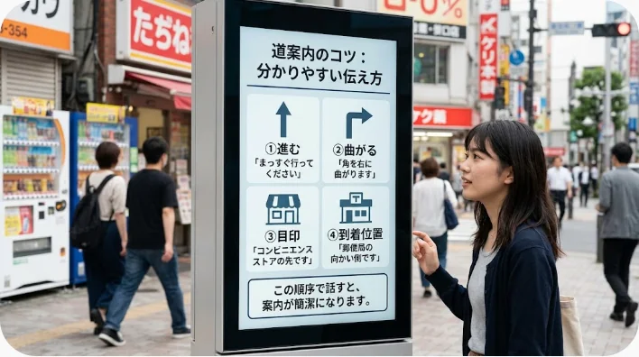 地図と方向カードを使って英語の道案内の順序を学んでいる様子