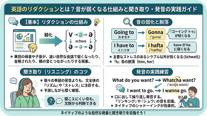 英語の短縮形を解説した日本語のインフォグラフィック。シュワの使い方、弱形、「gonna」や「wanna」などの例、リスニングのコツ、イラスト付きの実用的な発音ガイドなどが紹介されています。.