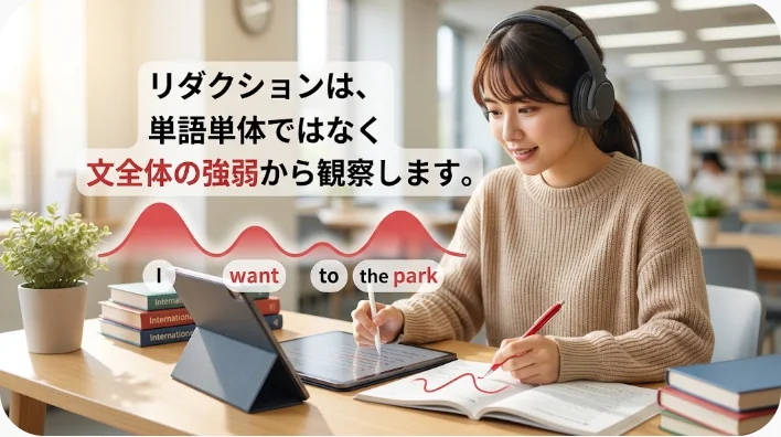 日本人の成人学習者が英語の強い音節と弱い音節を音声波形で確認している様子
