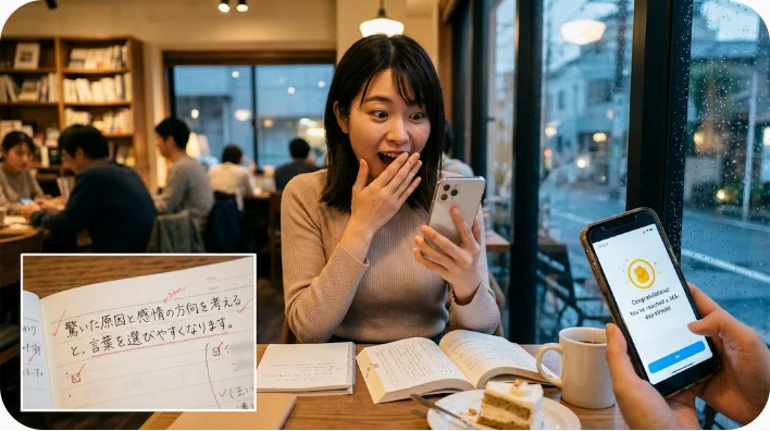 日本人の英語学習者が驚きの種類を表情とカードで整理している様子