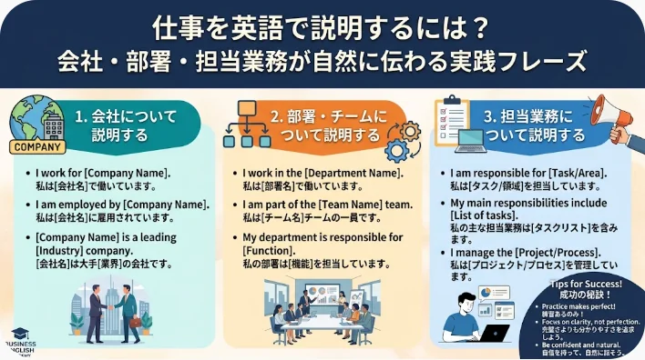 会社、部署、職務内容を説明するための英語フレーズを掲載した日本語のインフォグラフィック。例文や重要な語彙も含まれています。.