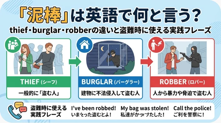 このインフォグラフィックでは、イラスト付きの具体例や英語のフレーズを用いて、「thief（泥棒）」「burglar（侵入窃盗犯）」「robber（強盗）」の違いを、日本語と英語の両方のテキストで解説しています。.