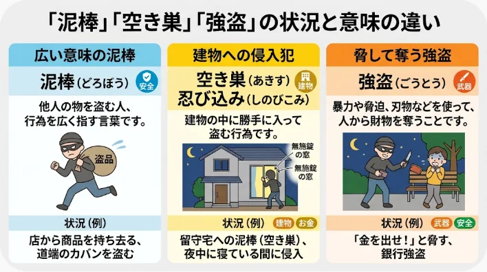 財布、住宅の窓と鍵、銀行窓口で泥棒の種類を示した学習用画像