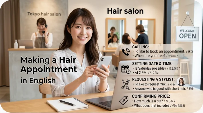 ある女性が、携帯電話とノートパソコンを手に、サロンのカウンターに座って微笑んでいる。その背景では、スタイリストが作業をしている。英語と日本語のテキストで、英語でヘアサロンの予約をする方法が説明されている。.