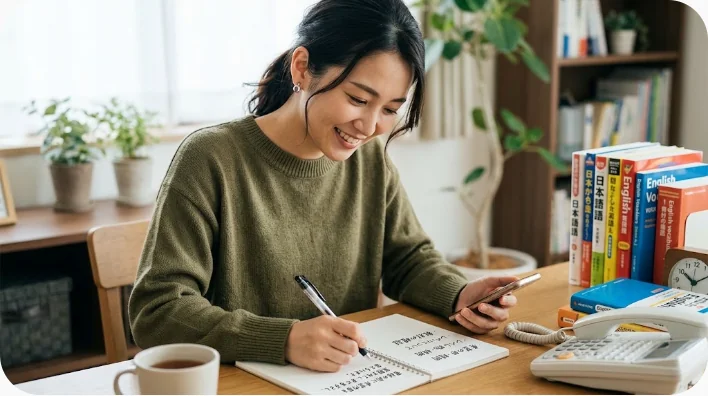 美容院への電話前に施術内容や日時をメモする英語学習者